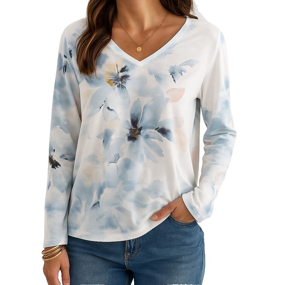 Womens L Long Sleeve V-Neck Floral Blouse White Blue Pink Top Casual Boho Spring - Picture 1 of 11